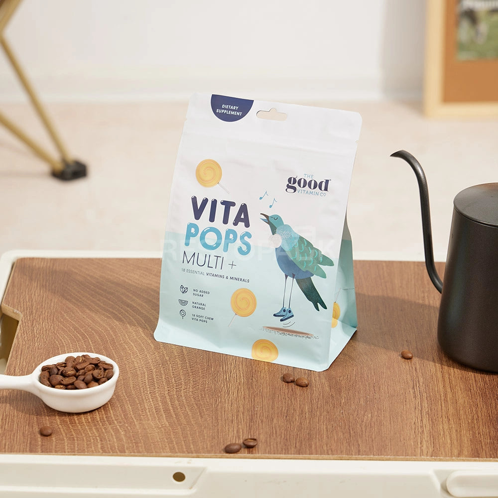 Matte White Flat Bottom Coffee Bag with Zipper, Hang Hole & Tear Notch