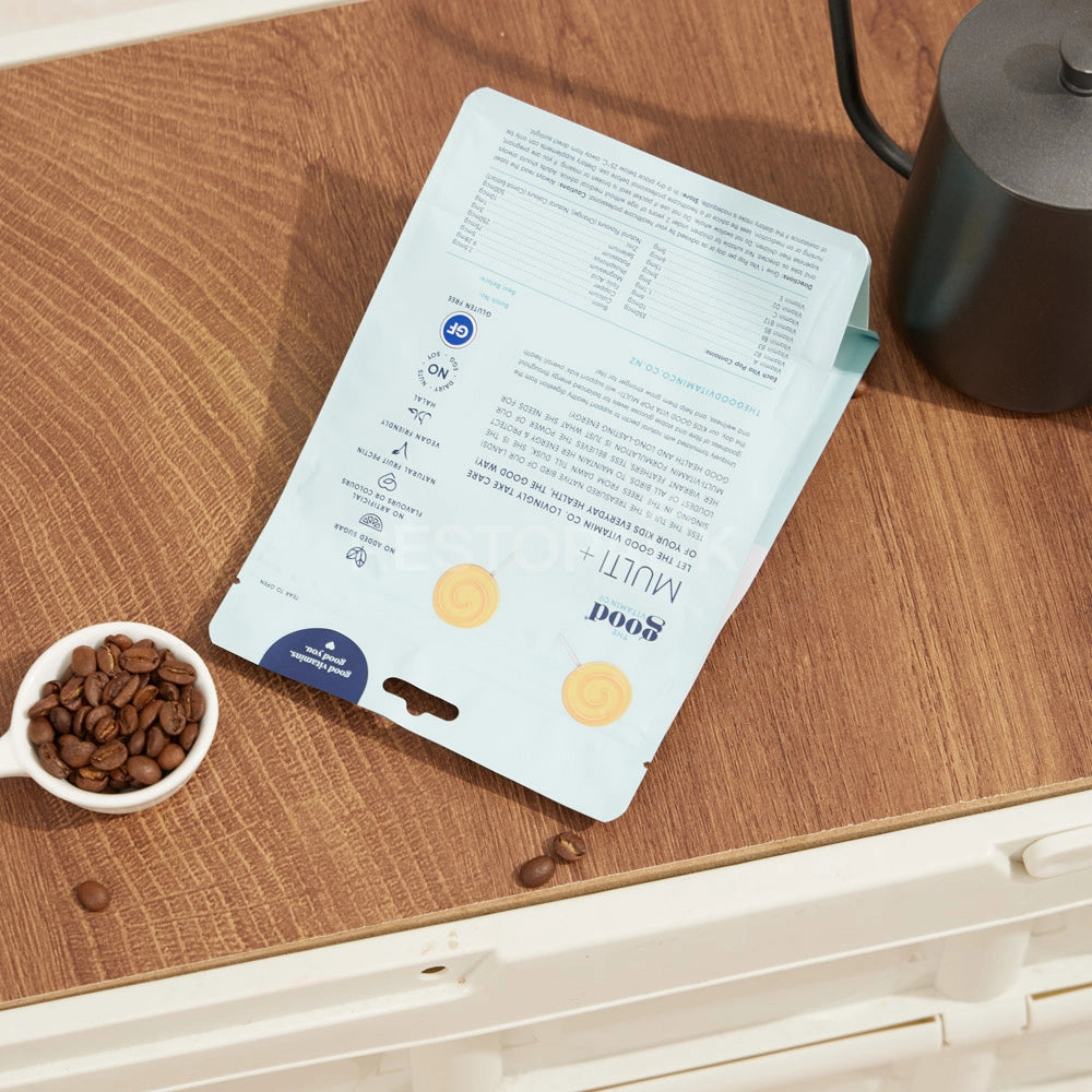 Matte White Flat Bottom Coffee Bag with Zipper, Hang Hole & Tear Notch