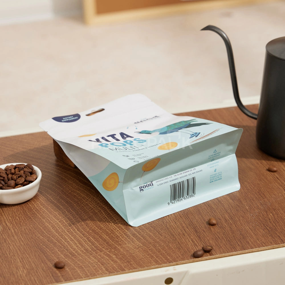 Matte White Flat Bottom Coffee Bag with Zipper, Hang Hole & Tear Notch
