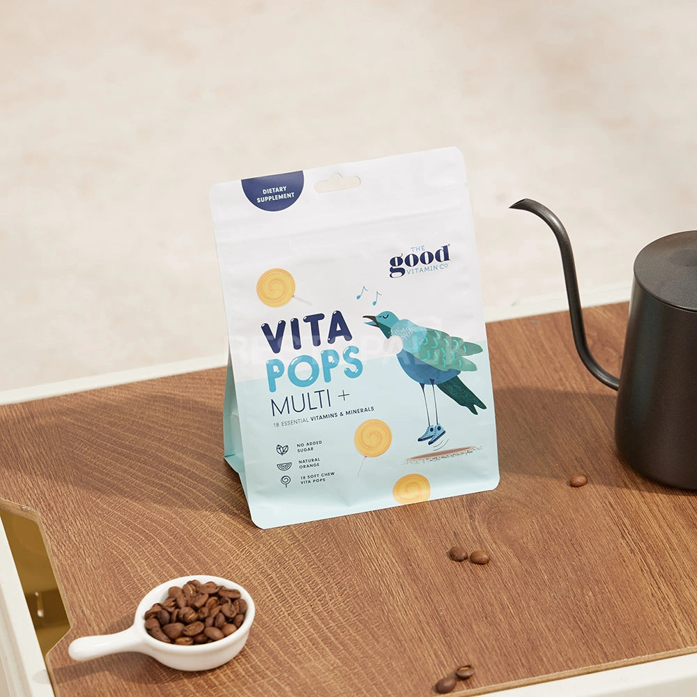 Matte White Flat Bottom Coffee Bag with Zipper, Hang Hole & Tear Notch