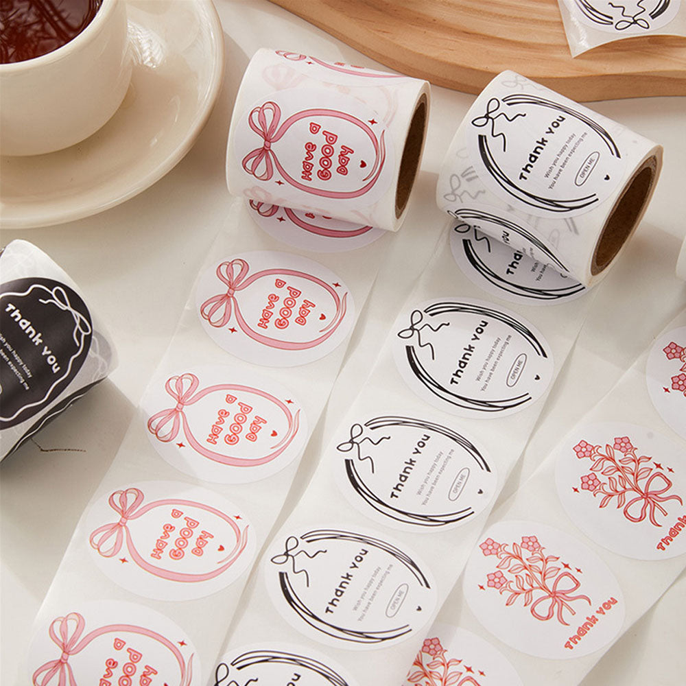 Oval Black White Design & Pink Bow Seal Sticker Roll - 120/Roll