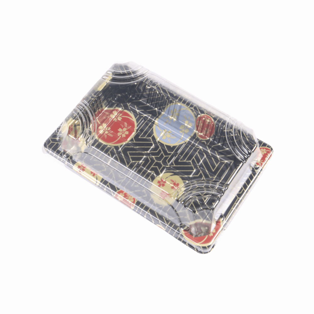 6 3/8" × 4 3/8" Clear Lid Plastic Sushi Trays with Printed Base