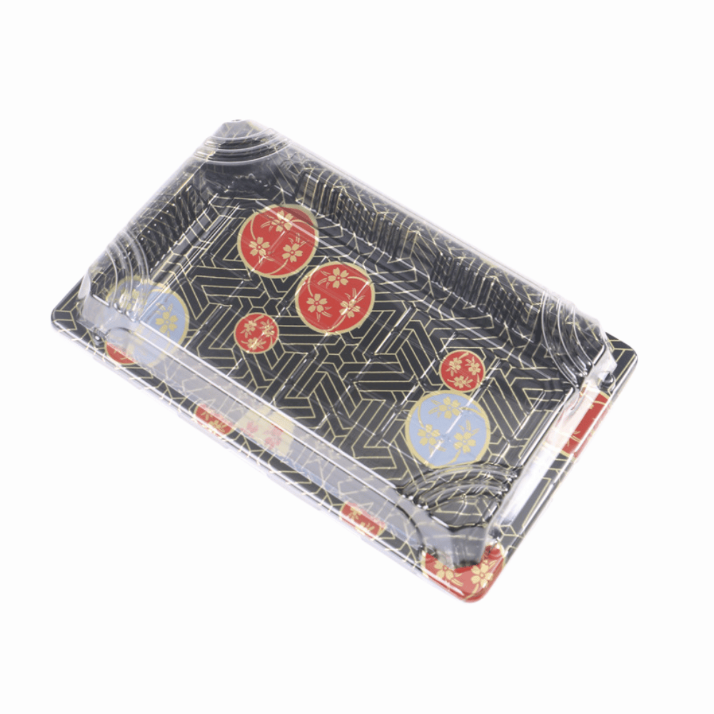8 9/16" × 5 5/16" Clear Lid Plastic Sushi Trays with Printed Base