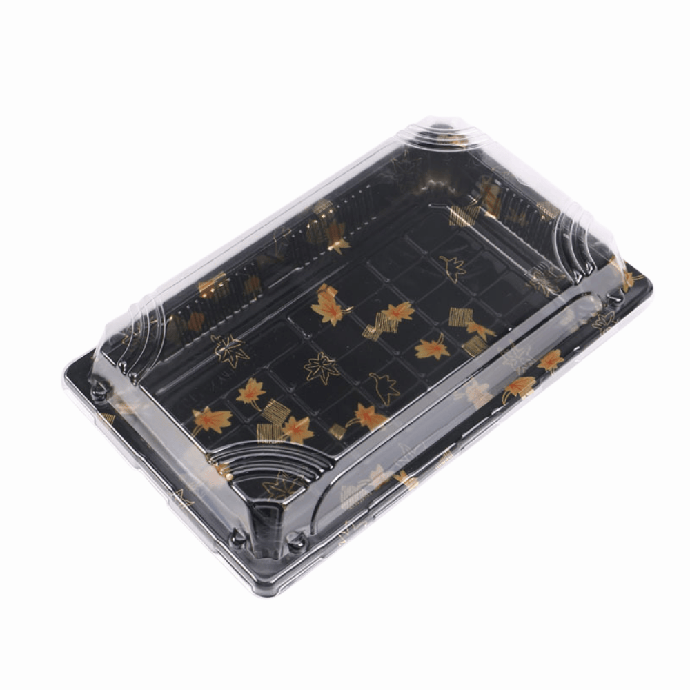8 9/16" × 5 5/16" Clear Lid Plastic Sushi Trays with Printed Base
