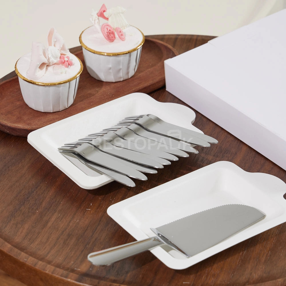 Stainless Steel Cake Cutlery Set – 10 Forks, 10 Plates & Knife
