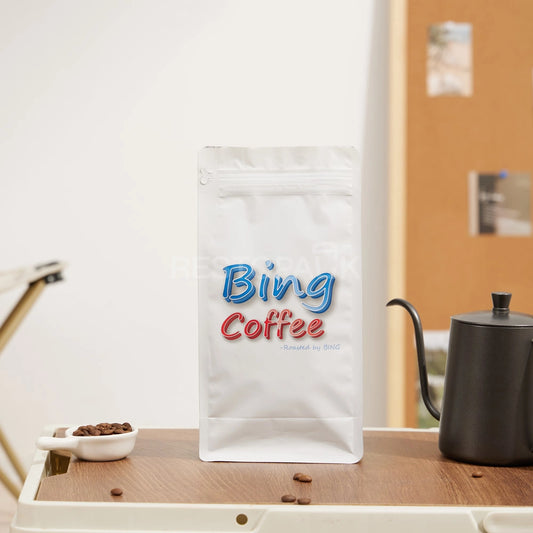 White Eight-Side Seal Coffee Bag with Zipper & Side Print