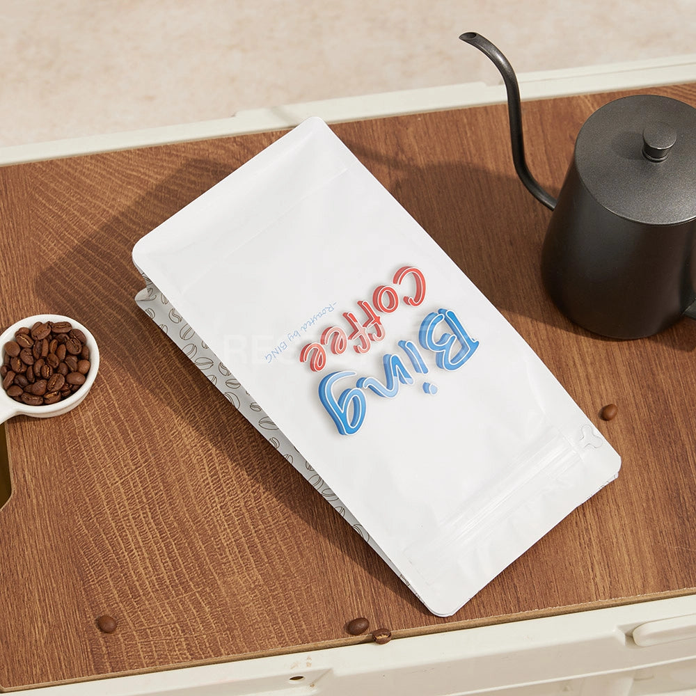 White Eight-Side Seal Coffee Bag with Zipper & Side Print