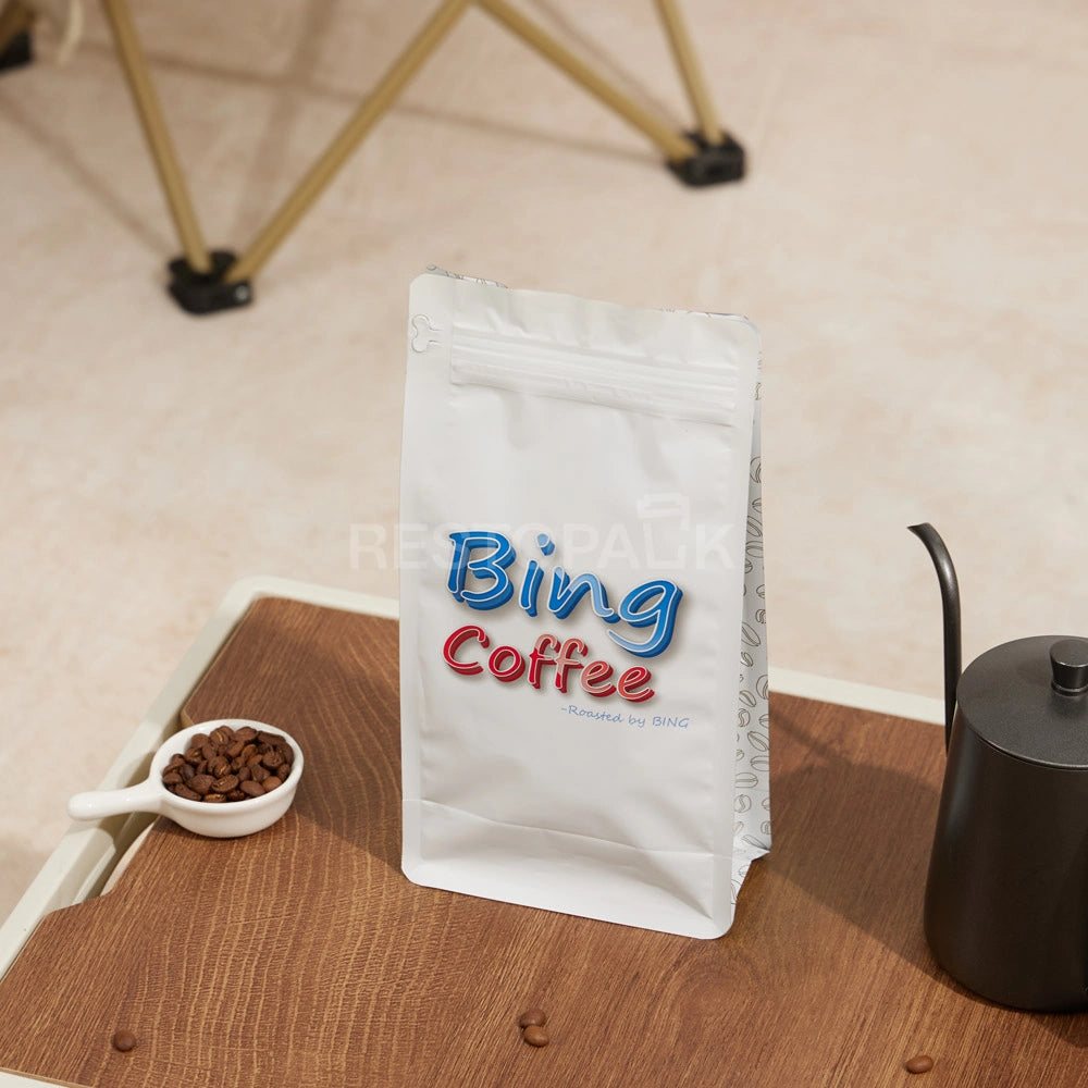 White Eight-Side Seal Coffee Bag with Zipper & Side Print