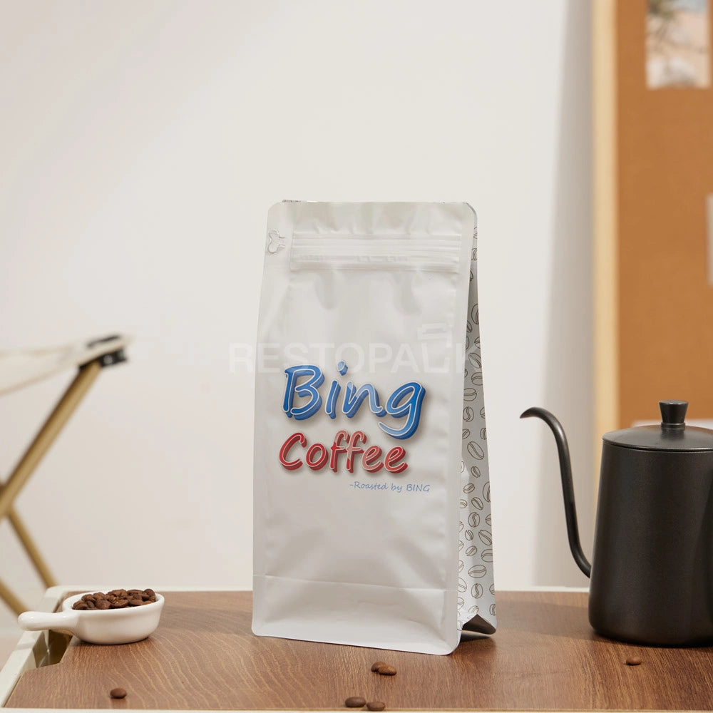 White Eight-Side Seal Coffee Bag with Zipper & Side Print