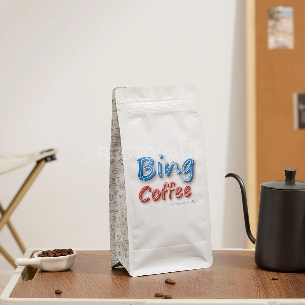 White Eight-Side Seal Coffee Bag with Zipper & Side Print