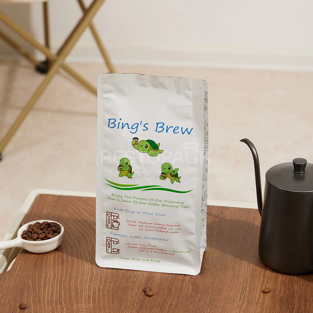 White Eight-Side Seal Coffee Bag with Zipper & Side Print