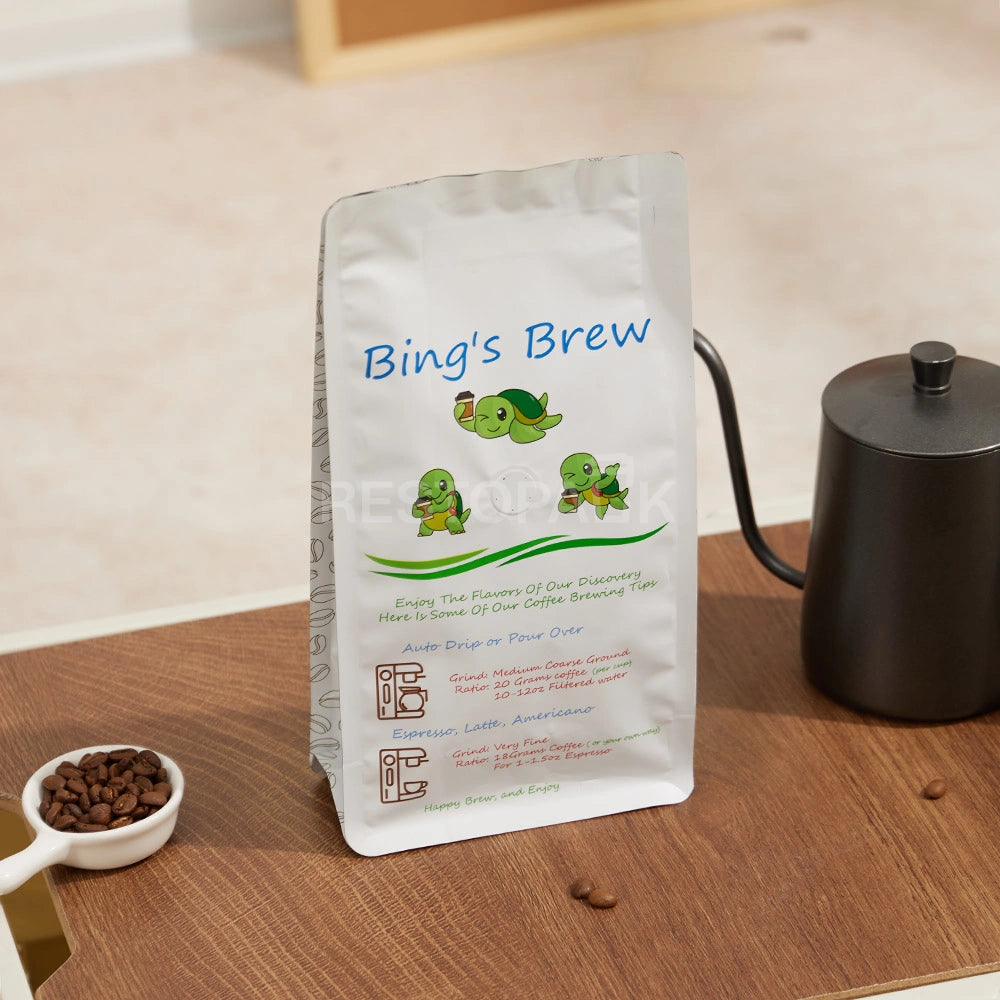 White Eight-Side Seal Coffee Bag with Zipper & Side Print