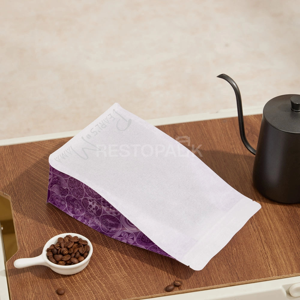 White Rice Paper Coffee Packaging Bag with Purple Side Print