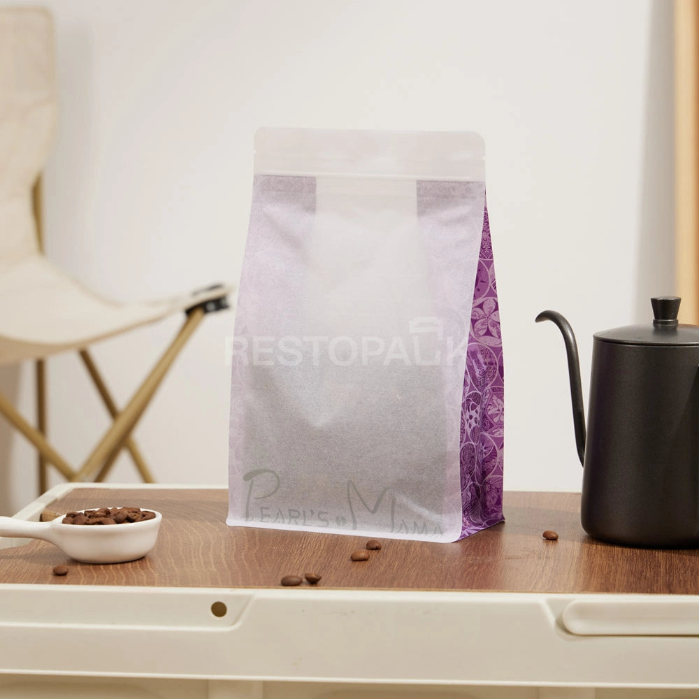 White Rice Paper Coffee Packaging Bag with Purple Side Print