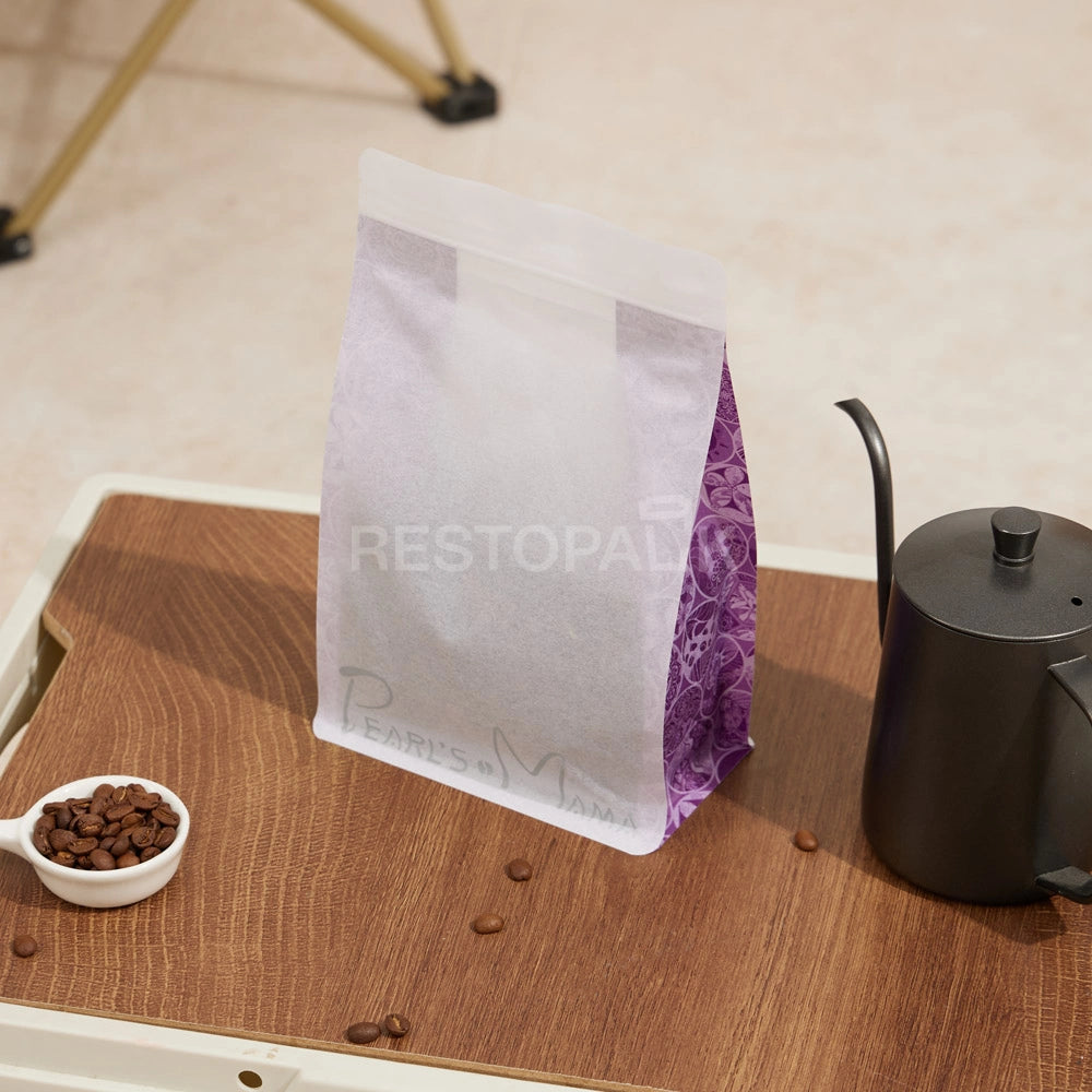 White Rice Paper Coffee Packaging Bag with Purple Side Print