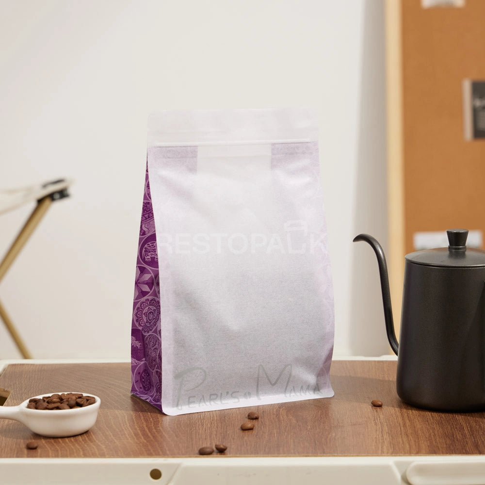 White Rice Paper Coffee Packaging Bag with Purple Side Print