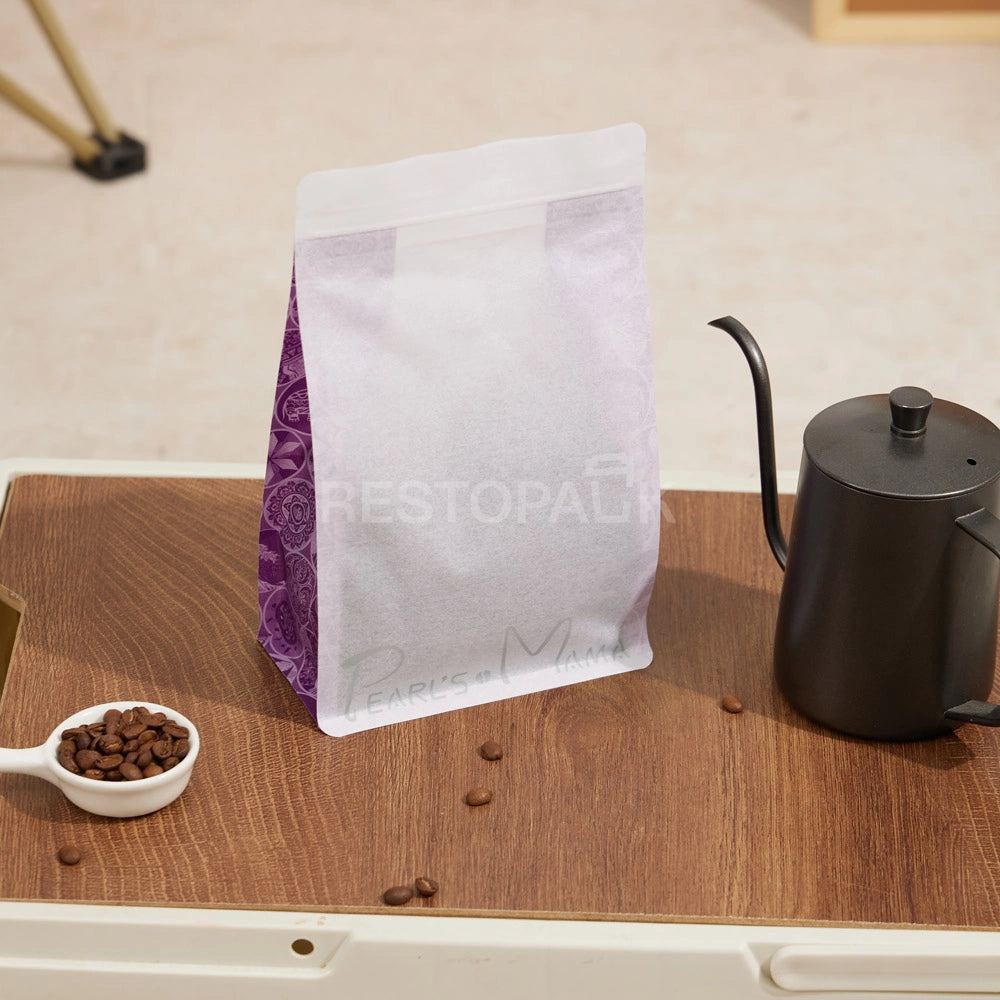 White Rice Paper Coffee Packaging Bag with Purple Side Print