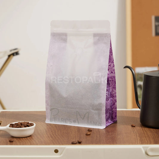 White Rice Paper Coffee Packaging Bag with Purple Side Print