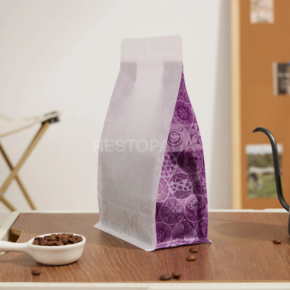 White Rice Paper Coffee Packaging Bag with Purple Side Print