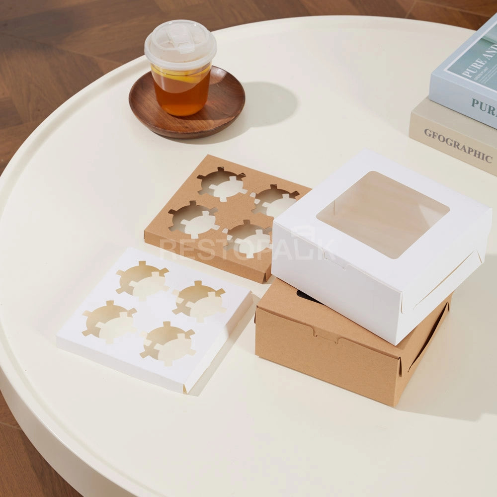 White Window Cupcake / Muffin Box with 4 Slot Insert