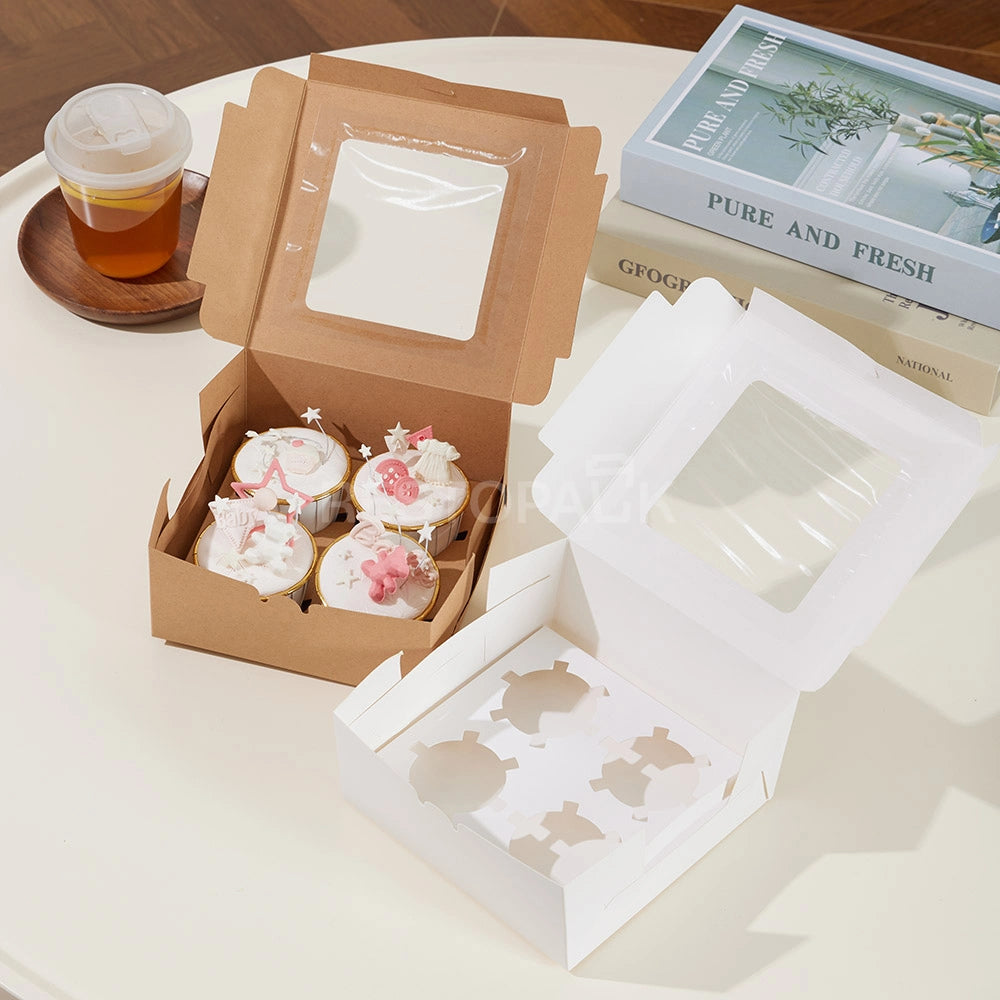 Kraft Window Cupcake / Muffin Box with 4 Slot Insert
