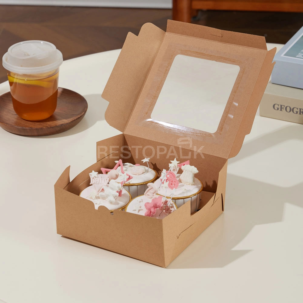 Kraft Window Cupcake / Muffin Box with 4 Slot Insert