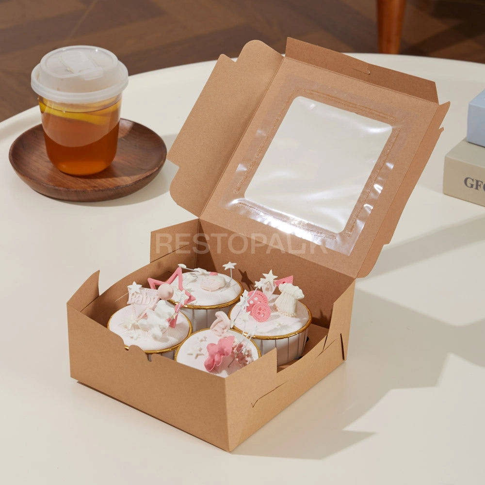 Kraft Window Cupcake / Muffin Box with 4 Slot Insert