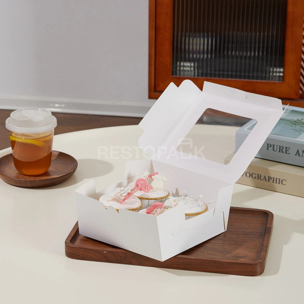 White Window Cupcake / Muffin Box with 4 Slot Insert