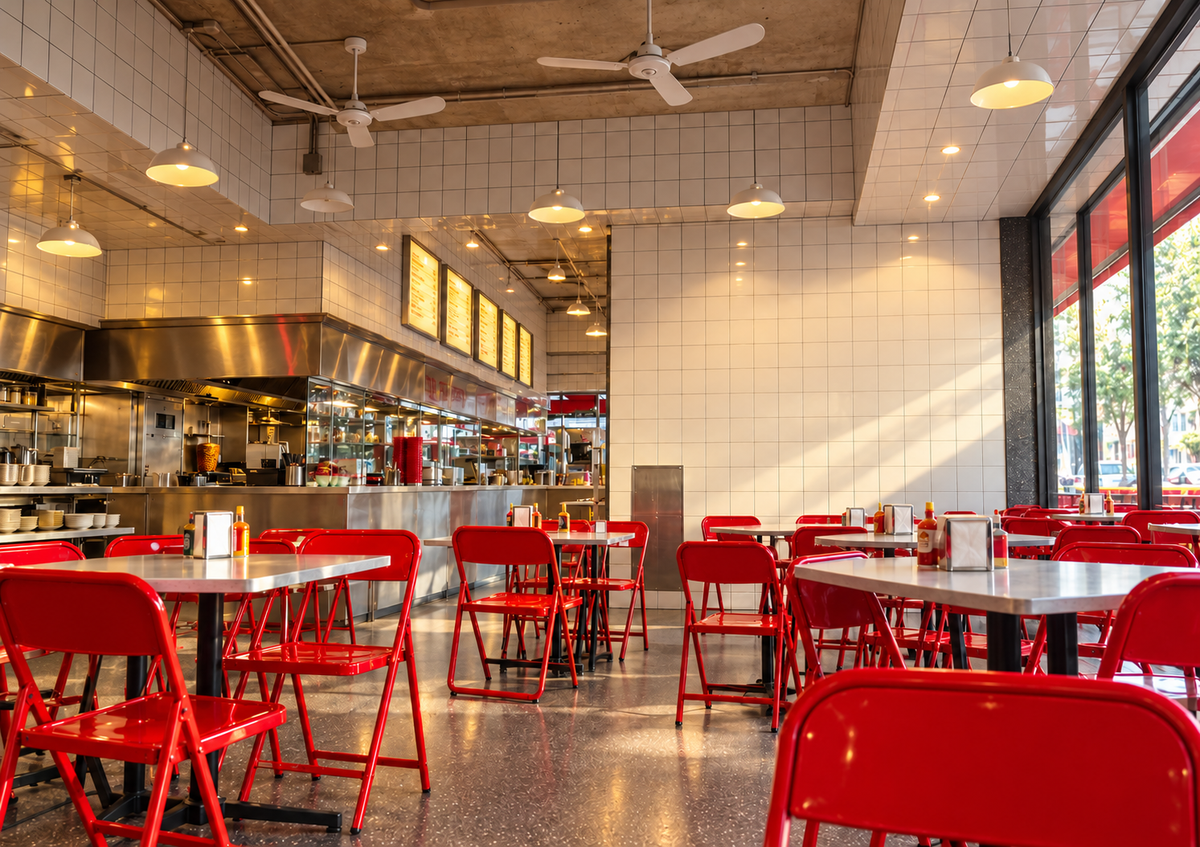 Restaurant interior with branded packaging