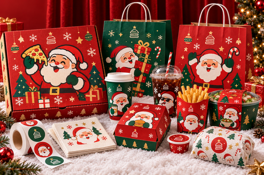 Coordinated custom Christmas packaging for a restaurant with printed bags, cups, boxes, food paper and stickers