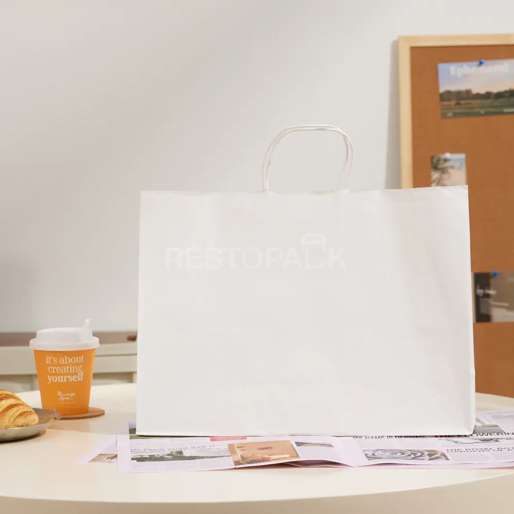 15 3/4" x 5 1/8" x 12 3/16" Tall White Kraft Paper Bag with Handles