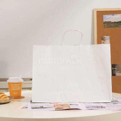 15 3/4" x 5 1/8" x 12 3/16" Tall White Kraft Paper Bag with Handles