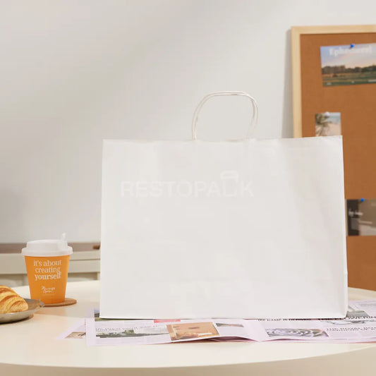 15 3/4" x 5 1/8" x 12 3/16" Tall White Kraft Paper Bag with Handles