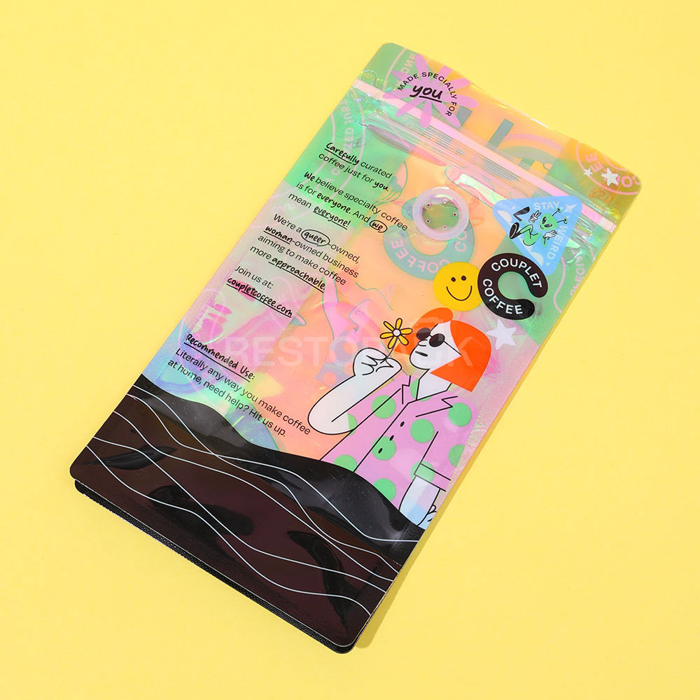 Transparent Holographic Flat Bottom Coffee Bags with Zipper