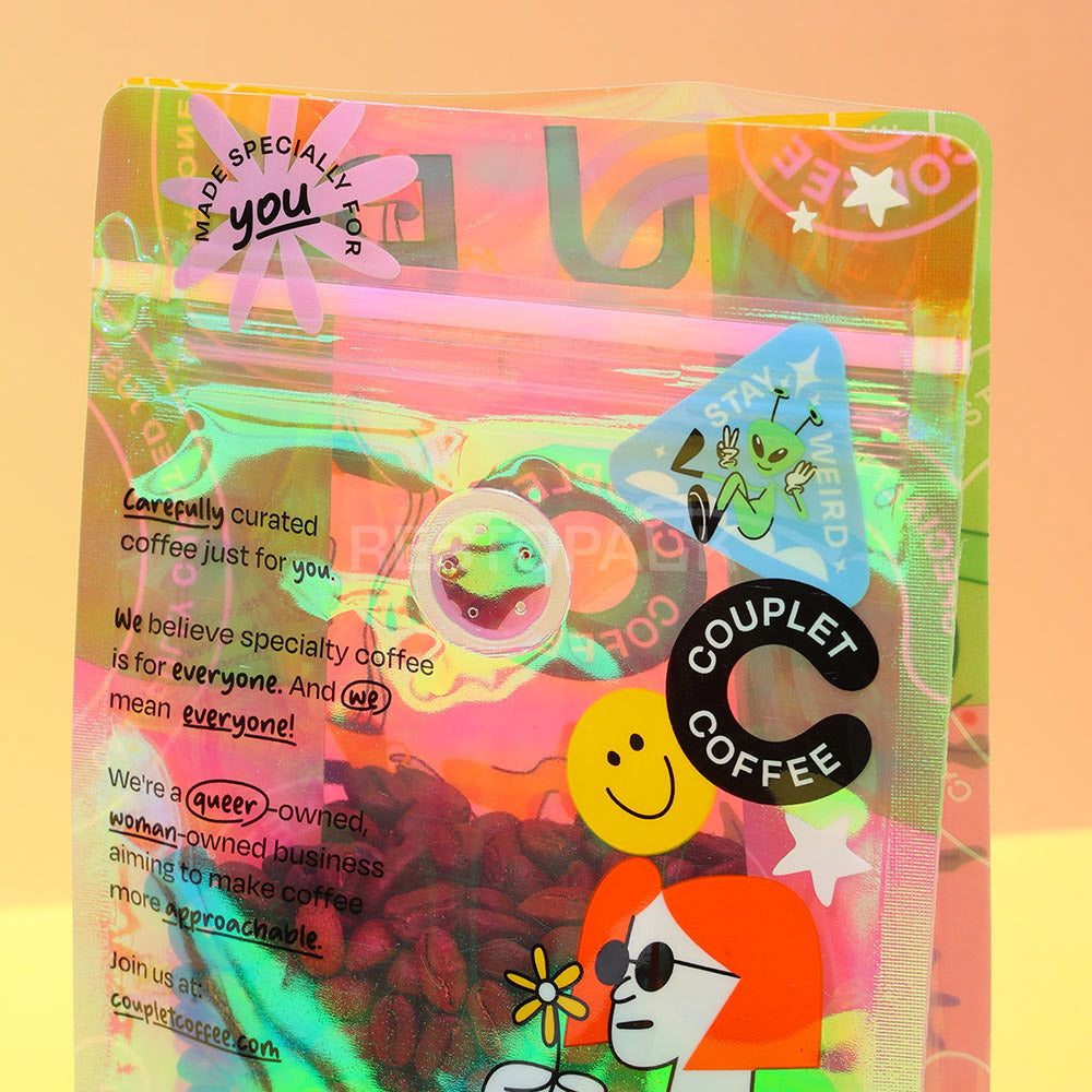 Transparent Holographic Flat Bottom Coffee Bags with Zipper