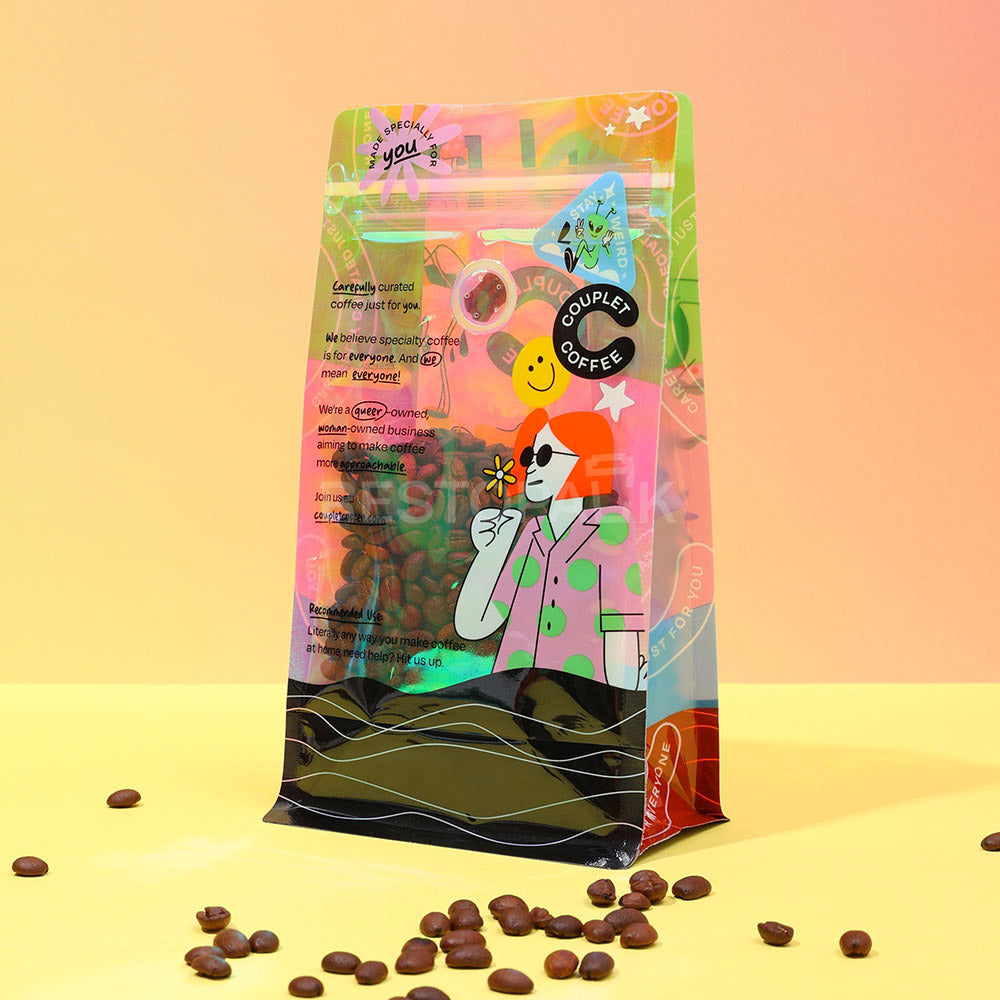Transparent Holographic Flat Bottom Coffee Bags with Zipper
