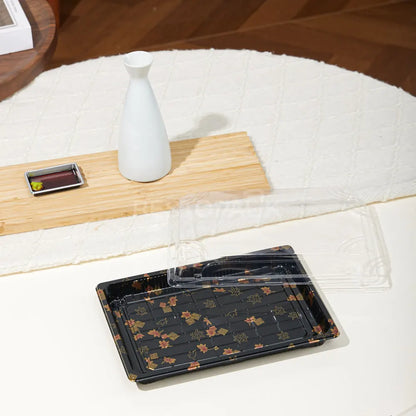 10 1/16" × 7 5/16" Clear Lid Plastic Sushi Trays with Printed Base