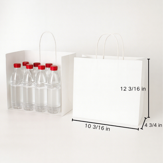 10 3/16" × 4 11/16" × 12 3/16" Tall White Kraft Paper Bag with Handles
