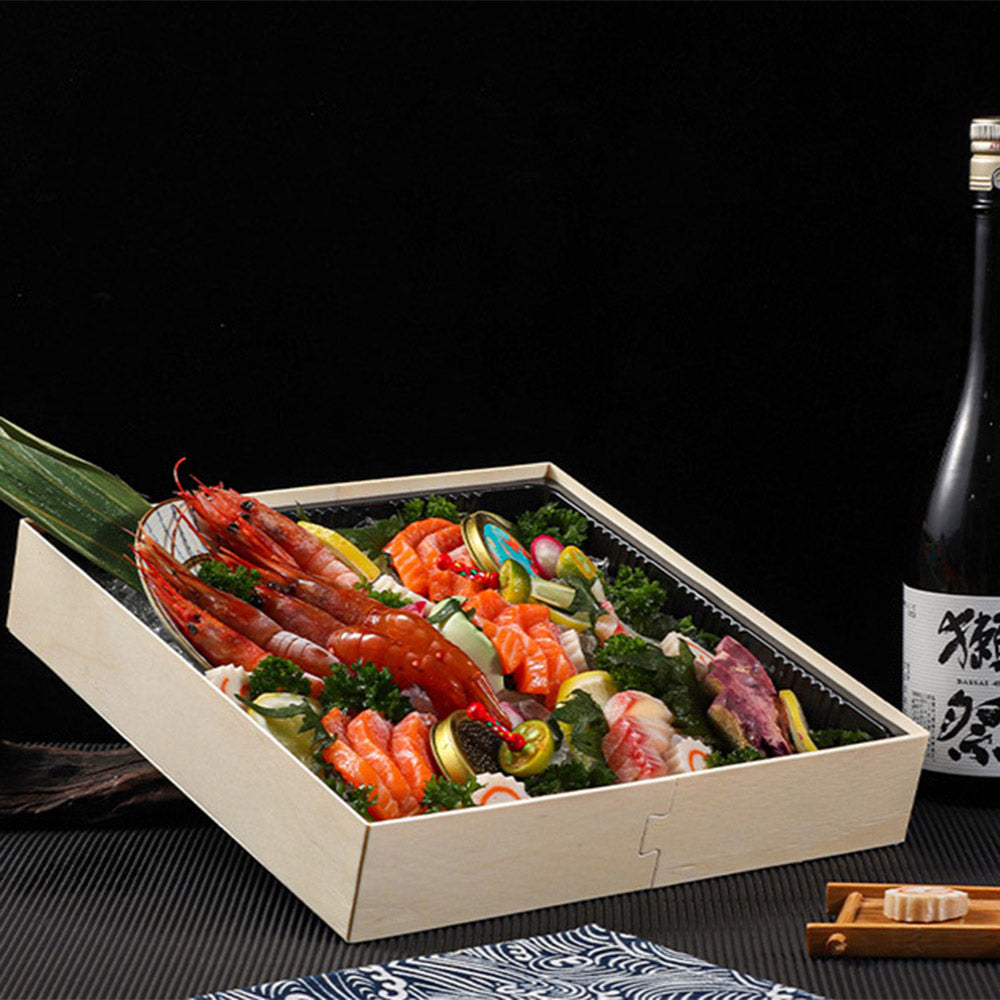 10 5/8″ × 10 5/8″ Wooden Sushi Box with Plastic Inner Trays