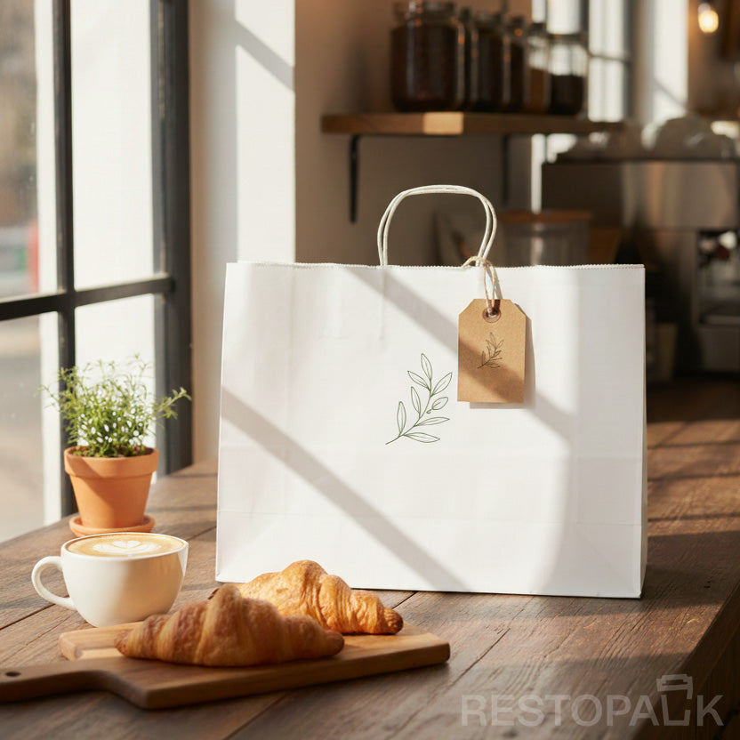 15 3/4" x 5 1/8" x 12 3/16" Tall White Kraft Paper Bag with Handles