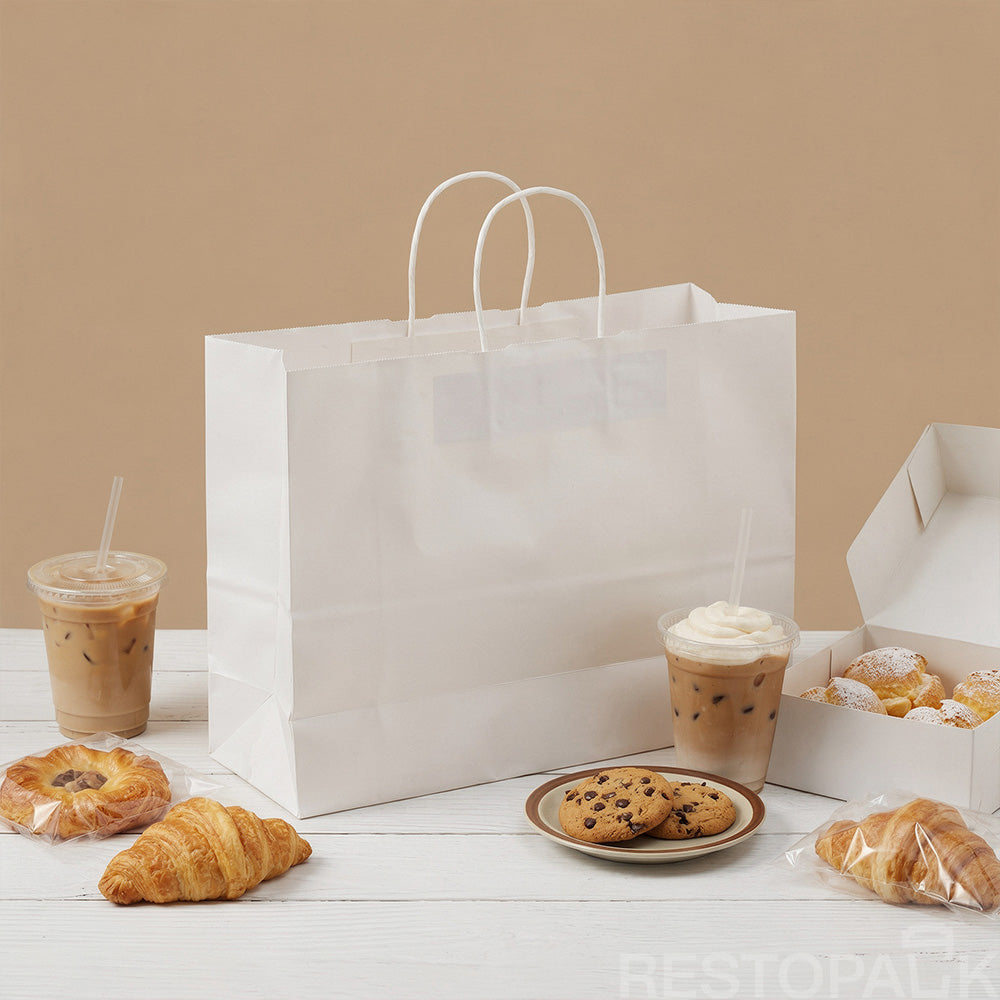 15 3/4" x 5 1/8" x 12 3/16" Tall White Kraft Paper Bag with Handles