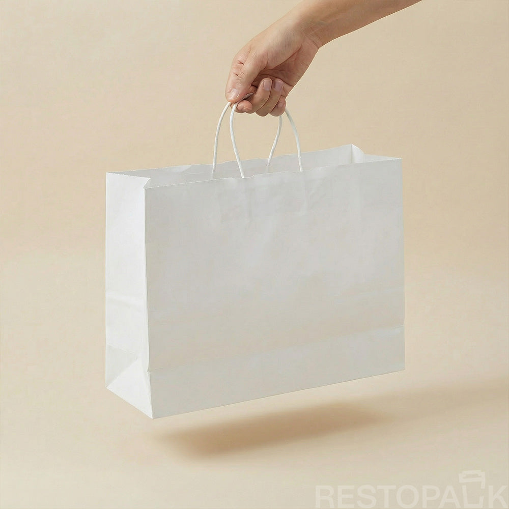 15 3/4" x 5 1/8" x 12 3/16" Tall White Kraft Paper Bag with Handles