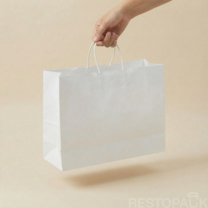 15 3/4" x 5 1/8" x 12 3/16" Tall White Kraft Paper Bag with Handles