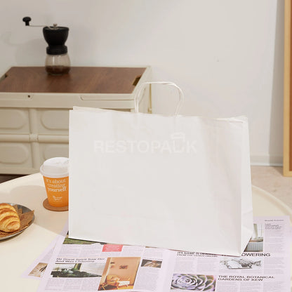 15 3/4" x 5 1/8" x 12 3/16" Tall White Kraft Paper Bag with Handles