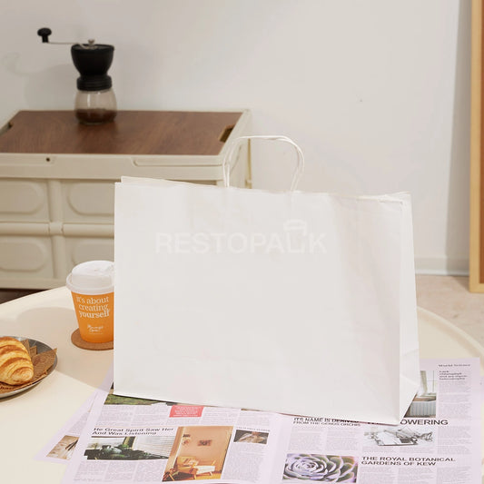 15 3/4" x 5 1/8" x 12 3/16" Tall White Kraft Paper Bag with Handles