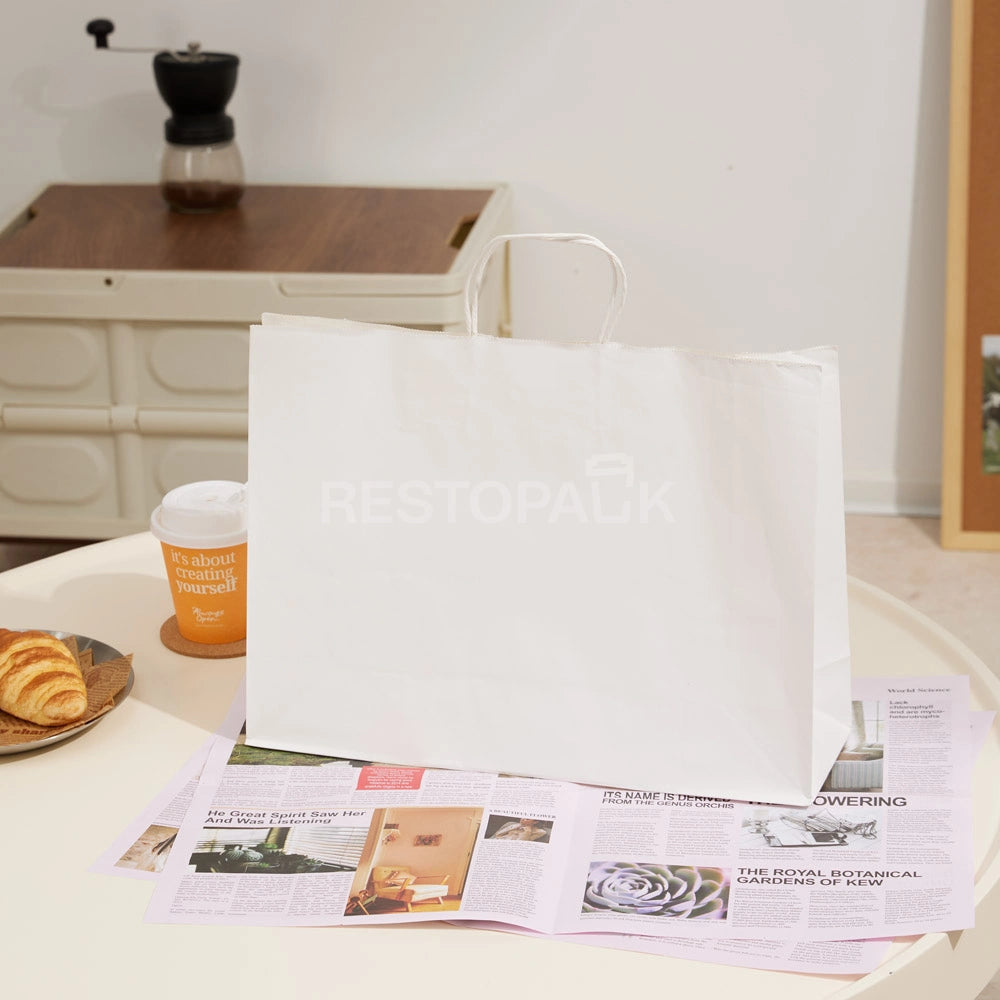 15 3/4" x 5 1/8" x 12 3/16" Tall White Kraft Paper Bag with Handles