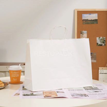 15 3/4" x 5 1/8" x 12 3/16" Tall White Kraft Paper Bag with Handles