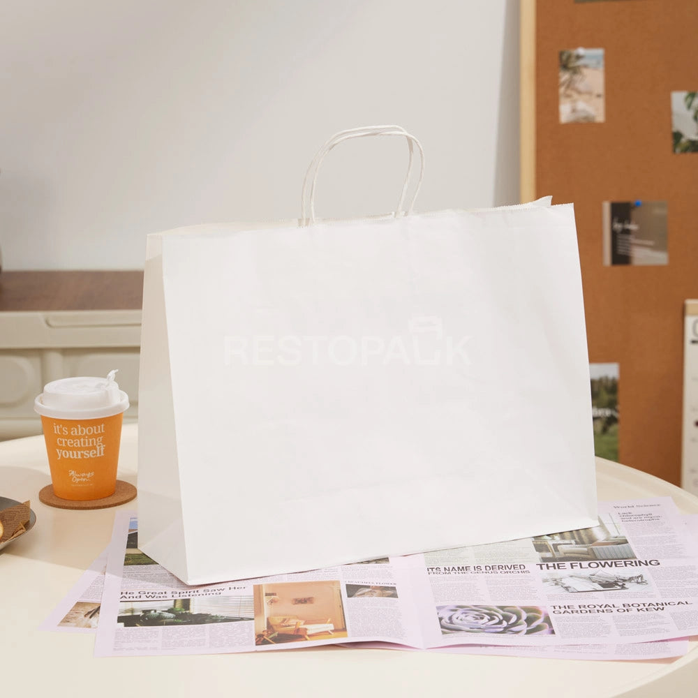 15 3/4" x 5 1/8" x 12 3/16" Tall White Kraft Paper Bag with Handles