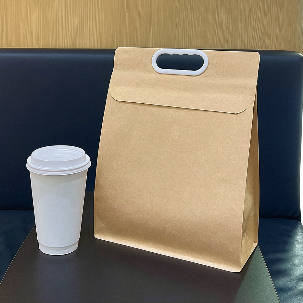 2-Cup Kraft Paper Takeaway Bags with Button Handle