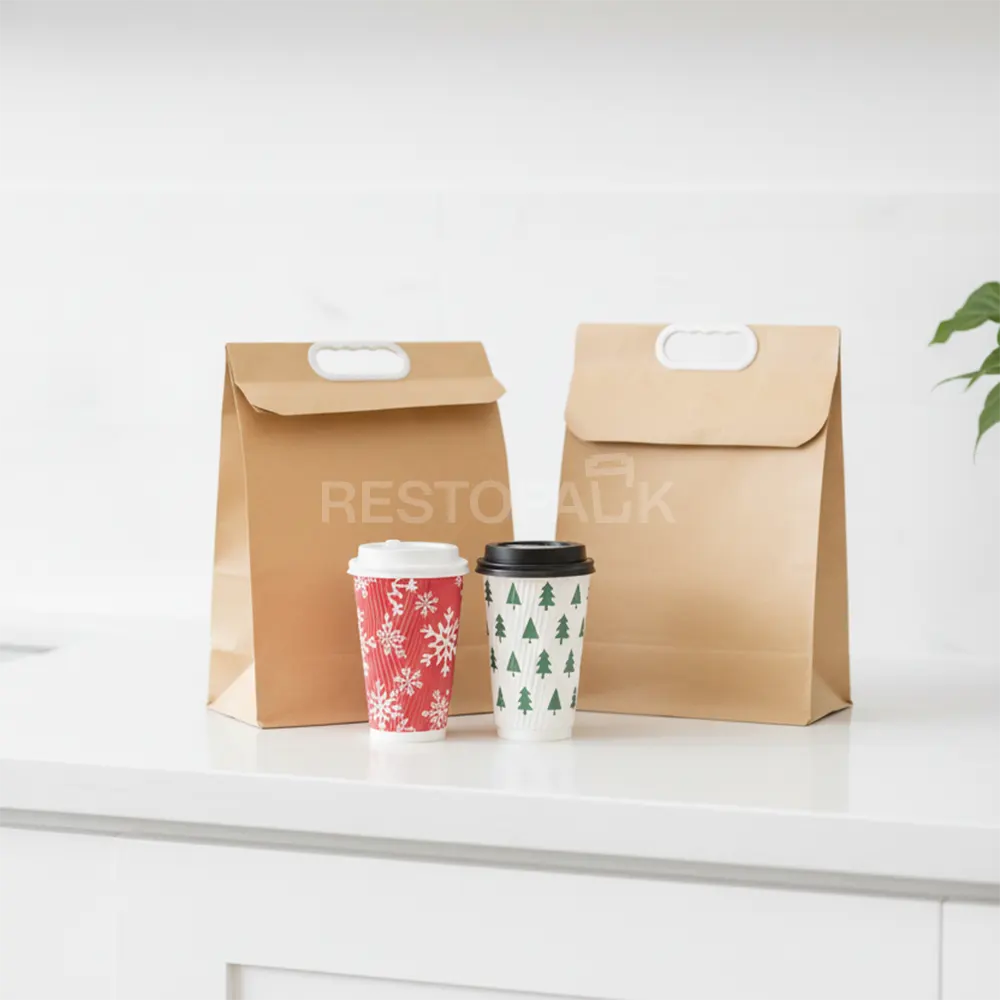 2-Cup Kraft Paper Takeaway Bags with Button Handle
